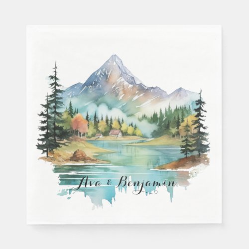 Forest Lakeside Colorful Mountain Wedding Napkins