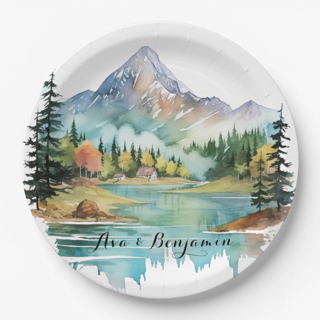 Forest Lakeside Colorful Mountain Wedding Paper Plates (Front)