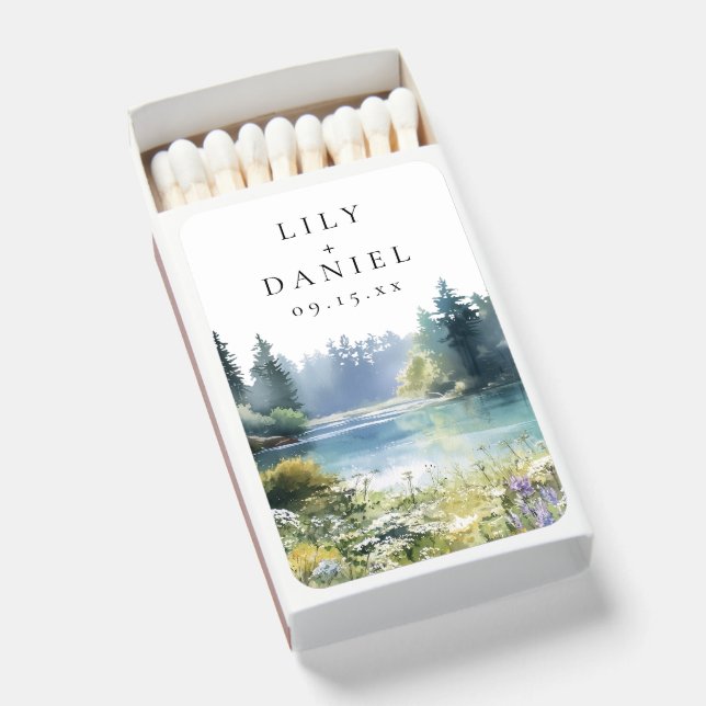 Forest Lakeside Wildflower Floral Wedding Matchboxes (Front Open)