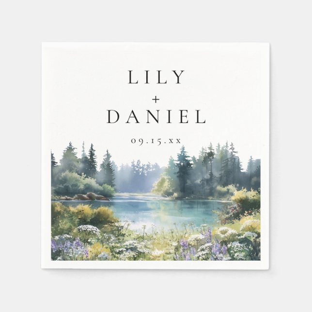 Forest Lakeside Wildflower Floral Wedding Napkins (Front)