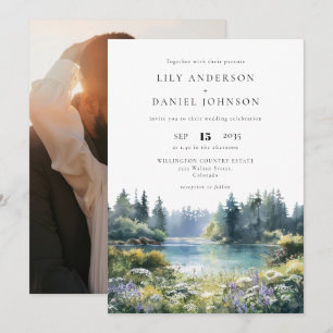 Forest Lakeside Wildflowers Floral Photo Wedding Invitation