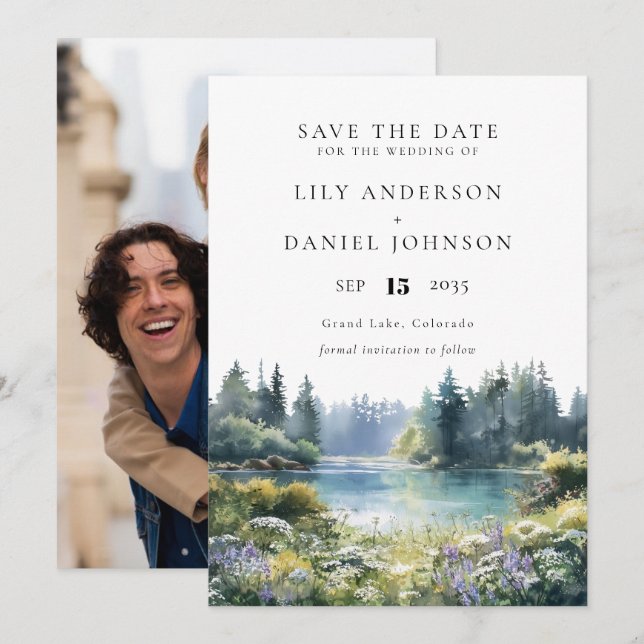 Forest Lakeside Wildflowers Floral Photo Wedding Save The Date (Front/Back)