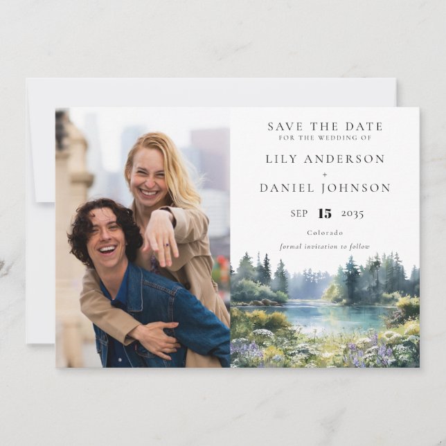 Forest Lakeside Wildflowers Floral Photo Wedding Save The Date (Front)