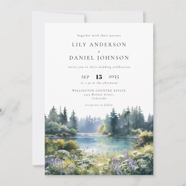 Forest Lakeside Wildflowers Floral Wedding Invitation (Front)