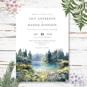 Forest Lakeside Wildflowers Floral Wedding Invitation