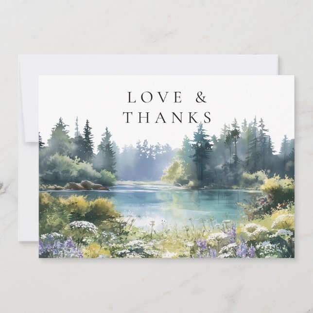 Forest Lakeside Wildflowers Floral Wedding Photo Thank You Card (Front)