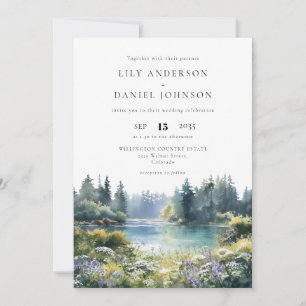 Forest Lakeside Wildflowers QR Code Wedding Invitation