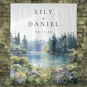 Forest Lakeside Wildflowers Wedding Photo Backdrop