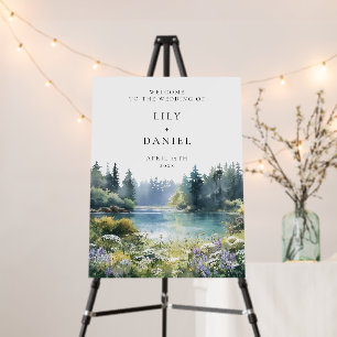Forest Lakeside Wildflowers Wedding Welcome Sign