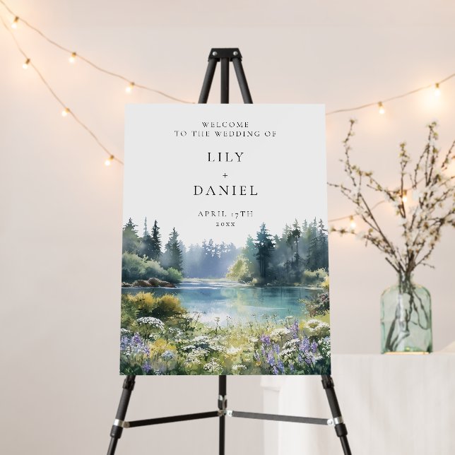 Forest Lakeside Wildflowers Wedding Welcome Sign (In Situ (Stand))