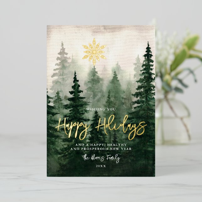 Forest Landscape Scene Happy Holidays Foil Invitation (Standing Front)