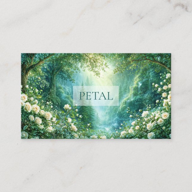 Forest Landscape Waterfall White Rose Floral Business Card (Front)