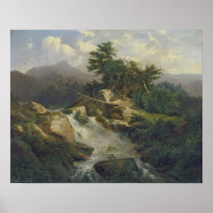 Forest Landscape with Waterfall Poster