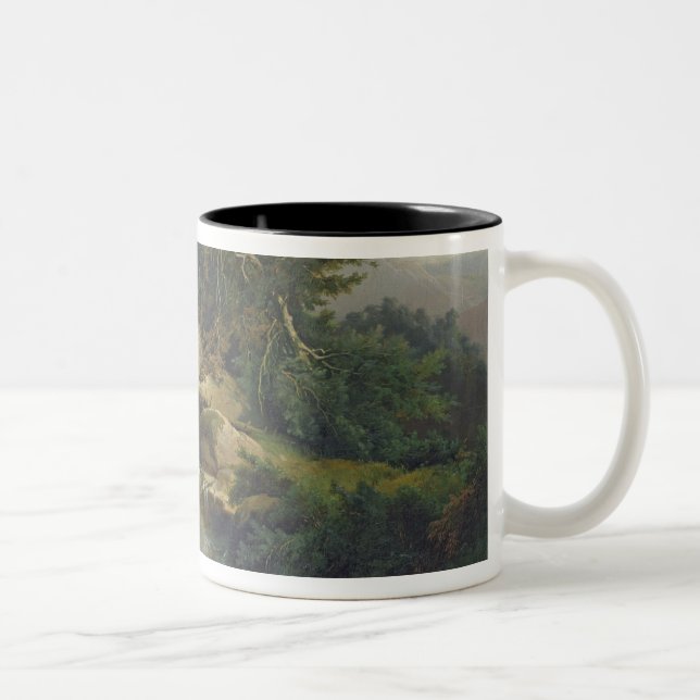 Forest Landscape with Waterfall Two-Tone Coffee Mug (Right)