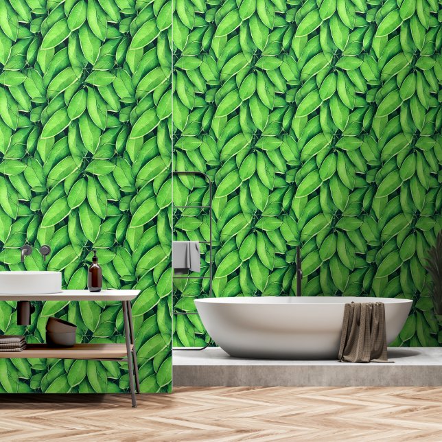 Forest leaf tree pattern woodland foliage seamless wallpaper  (Bathroom)