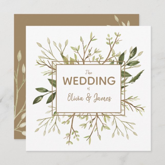 Forest Leaves Green and Taupe Wedding Invitation (Front/Back)