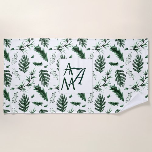 Forest Leaves Green Monogram 3 Initials Newlyweds Beach Towel