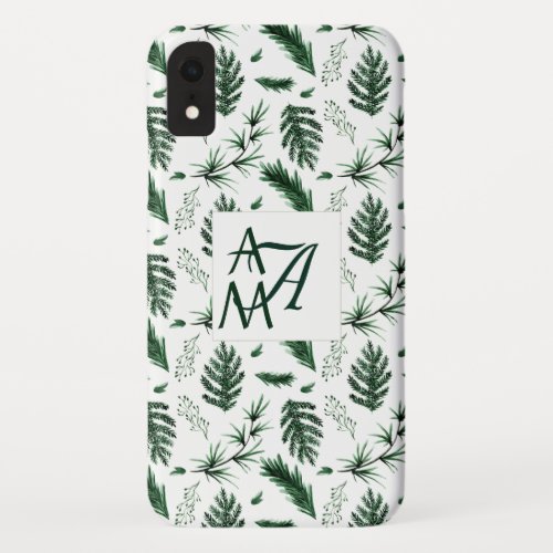 Forest Leaves Green Monogram 3 Initials Newlyweds iPhone XR Case