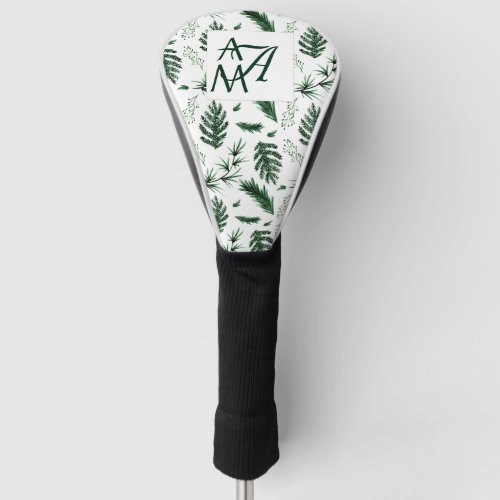 Forest Leaves Green Monogram 3 Initials Newlyweds Golf Head Cover