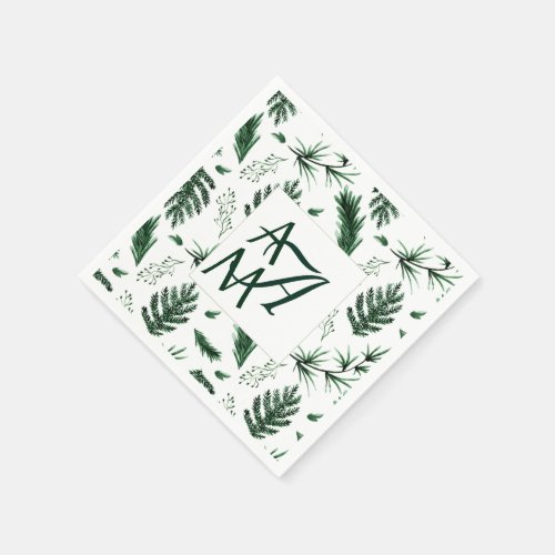Forest Leaves Green Monogram 3 Initials Newlyweds Napkins