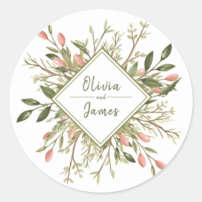 Forest Leaves Greenery Wedding Classic Round Sticker (Front)