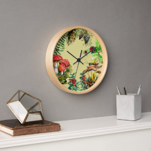 Forest life, watercolor painting, wild mushrooms clock