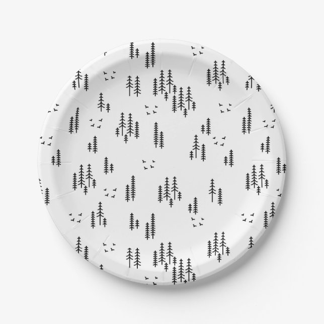 Forest Line Art Pattern Paper Plates (Front)