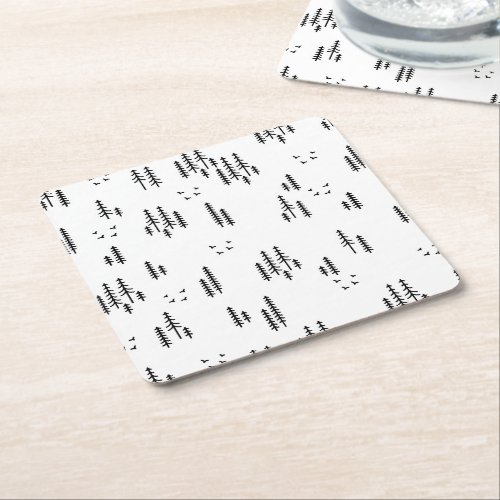 Forest Line Art Pattern Square Paper Coaster