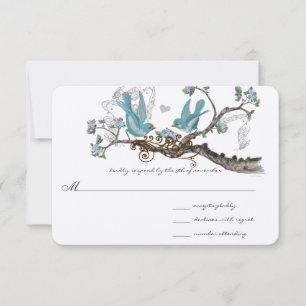 Forest Love Birds Aqua Pink Wedding RSVP Card