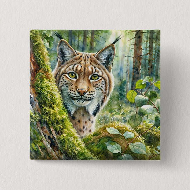 Forest Lynx Watercolor Art Button (Front)
