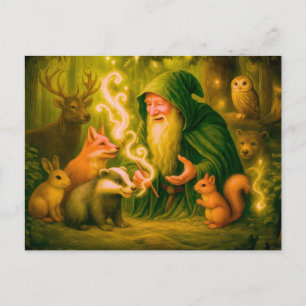 Forest mage speaking to animals in oil holiday postcard