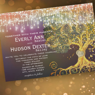 Forest Mason Jar Fairytale Purple and Gold Wedding Invitation