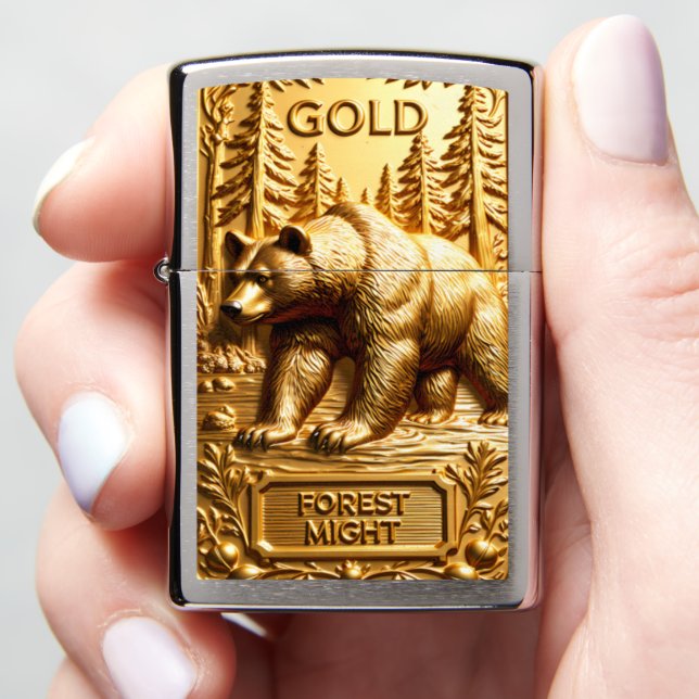Forest Might Grizzly Brook Gold Zippo Lighter (In Hand)