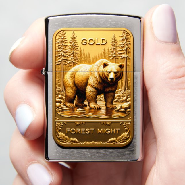 Forest Might Grizzly Vigil Gold Zippo Lighter (In Hand)