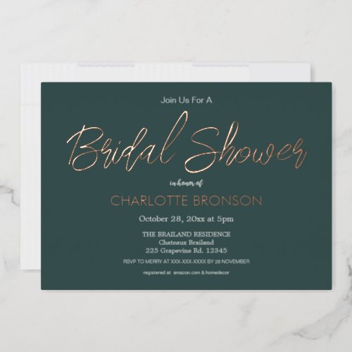 Forest  Minimalist Script Bridal Shower Rose Gold Foil Invitation
