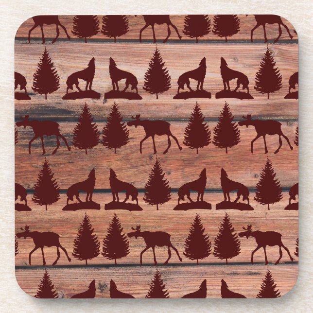 Forest Moose Wolf Wilderness Mountain Cabin Rustic Drink Coaster (Front)