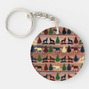 Forest Moose Wolf Wilderness Mountain Cabin Rustic Keychain