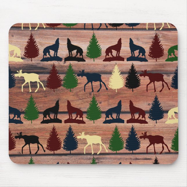 Forest Moose Wolf Wilderness Mountain Cabin Rustic Mouse Pad (Front)