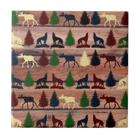Forest Moose Wolf Wilderness Mountain Cabin Rustic Tile