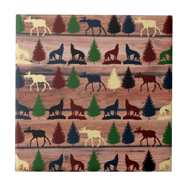 Forest Moose Wolf Wilderness Mountain Cabin Rustic Tile (Front)