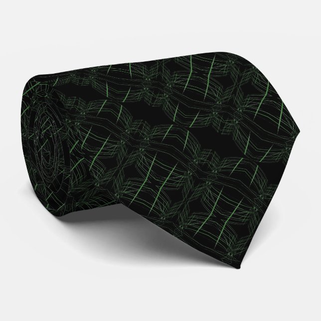 Forest Moss Green And White Crackle Lines On Black Neck Tie (Rolled)