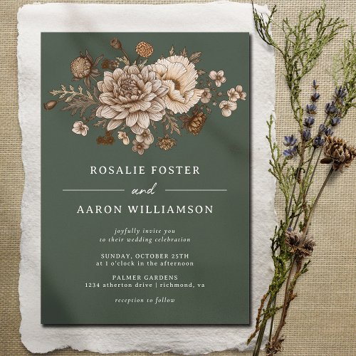 Forest Moss Green  Neutral Flowers  Boho Wedding Invitation
