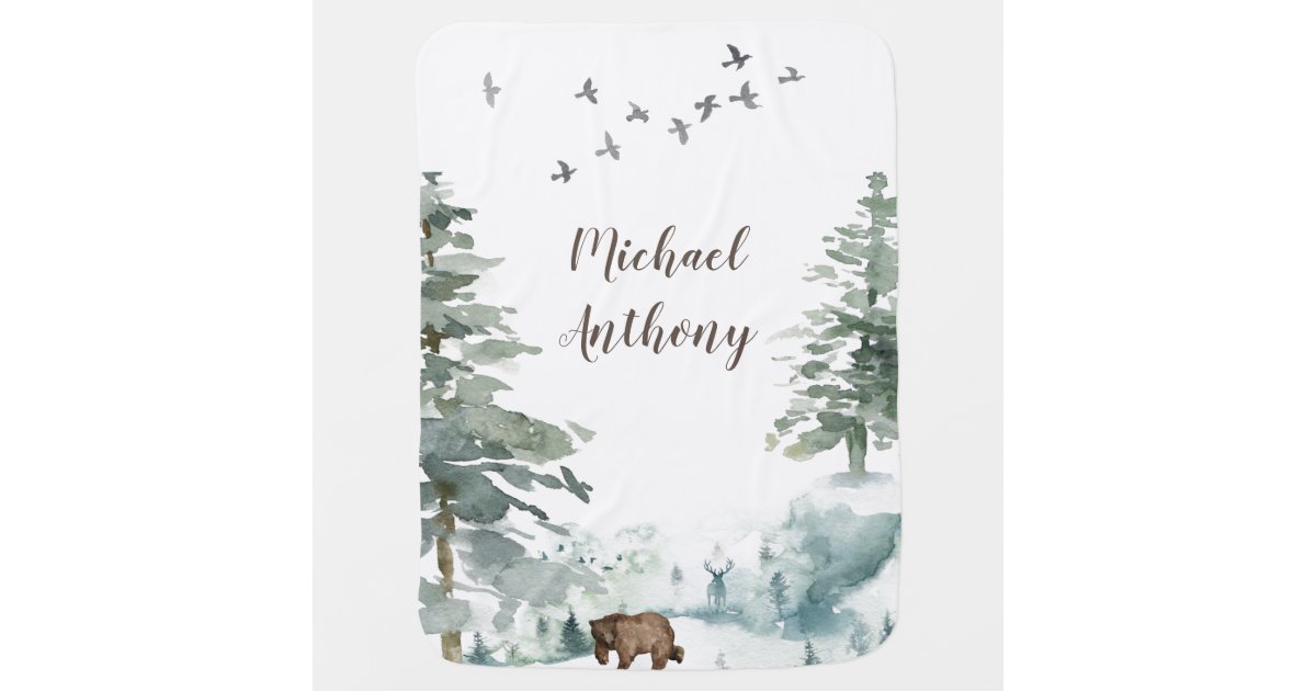 Forest Mountain Boy Country Bear Deer Name Nursery Baby Blanket Zazzle Com