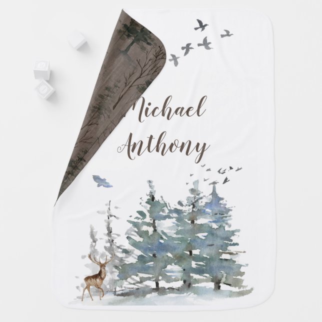 Forest Mountain Boy Country Deer Name Nursery Baby Blanket (In Situ)