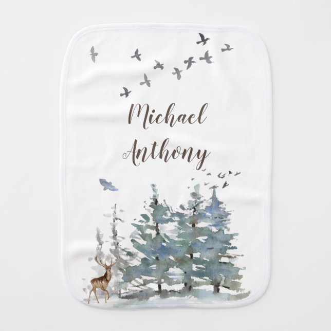 Forest Mountain Boy Country Deer Name Nursery Baby Burp Cloth (Front)