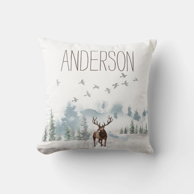 Forest Mountain Country Deer with Name Throw Pillow (Front)