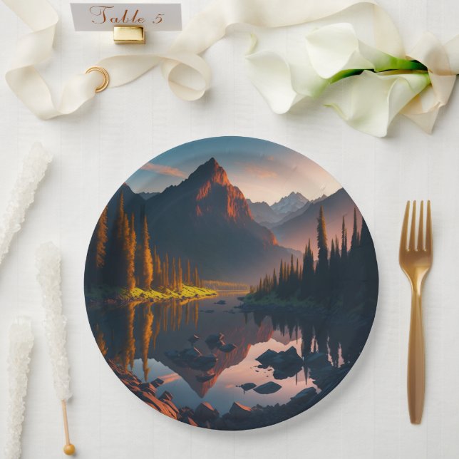 Forest Mountain Horizon With Sunrise Paper Plates (Wedding)