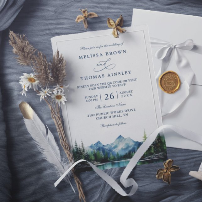 Forest Mountain Lake Rustic QR Code Wedding Invitation (Creator Uploaded)