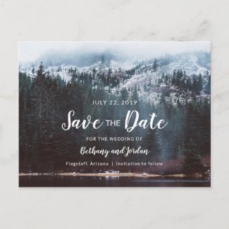 Forest Mountain Lake & Snow Save the Date Postcard