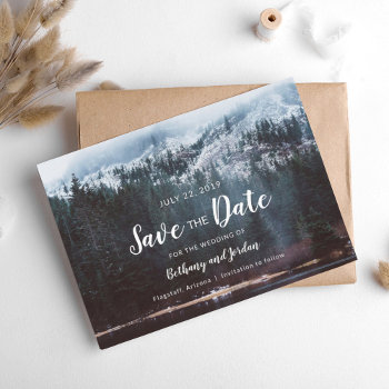 Forest Mountain Lake & Snow Save The Date Postcard by marlenedesigner at Zazzle